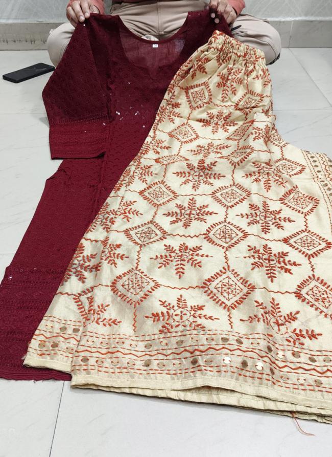 Pure Camric Cotton Maroon Casual Wear Chikankari Work Readymade Kurti With Plazzo